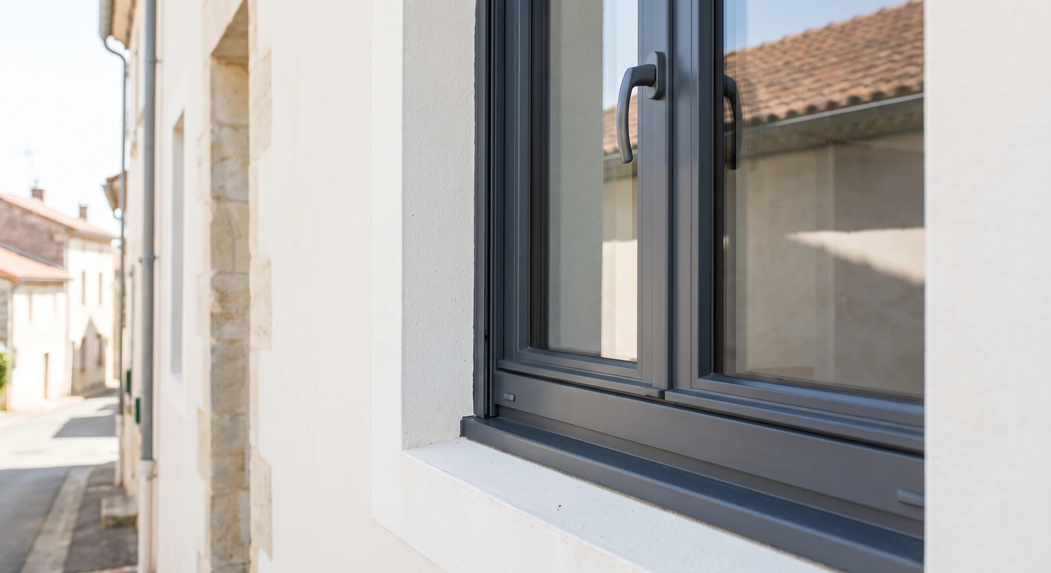 Gros plan professionnel sur une fenêtre ou porte aluminium/PVC fermée de haute qualité, installée sur une façade résidentielle, montrant les détails des profilés et du vitrage, avec une exposition naturelle mettant en avant la finition soignée et le caractère premium du produit. La scène doit communiquer la robustesse, la qualité et l'excellence technique.