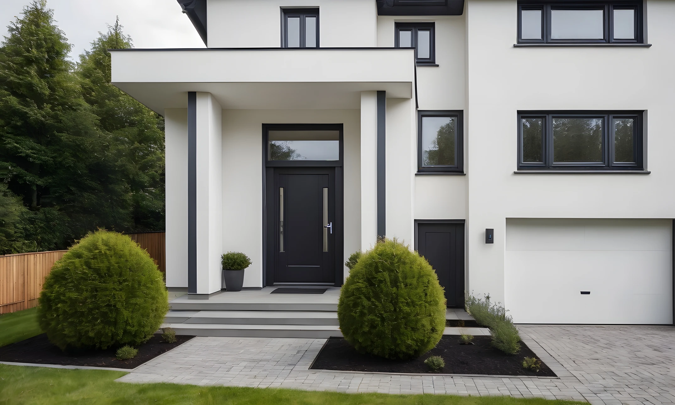 Façade extérieure d'habitation avec fenêtre à deux vantaux et volets battants en aluminium gris