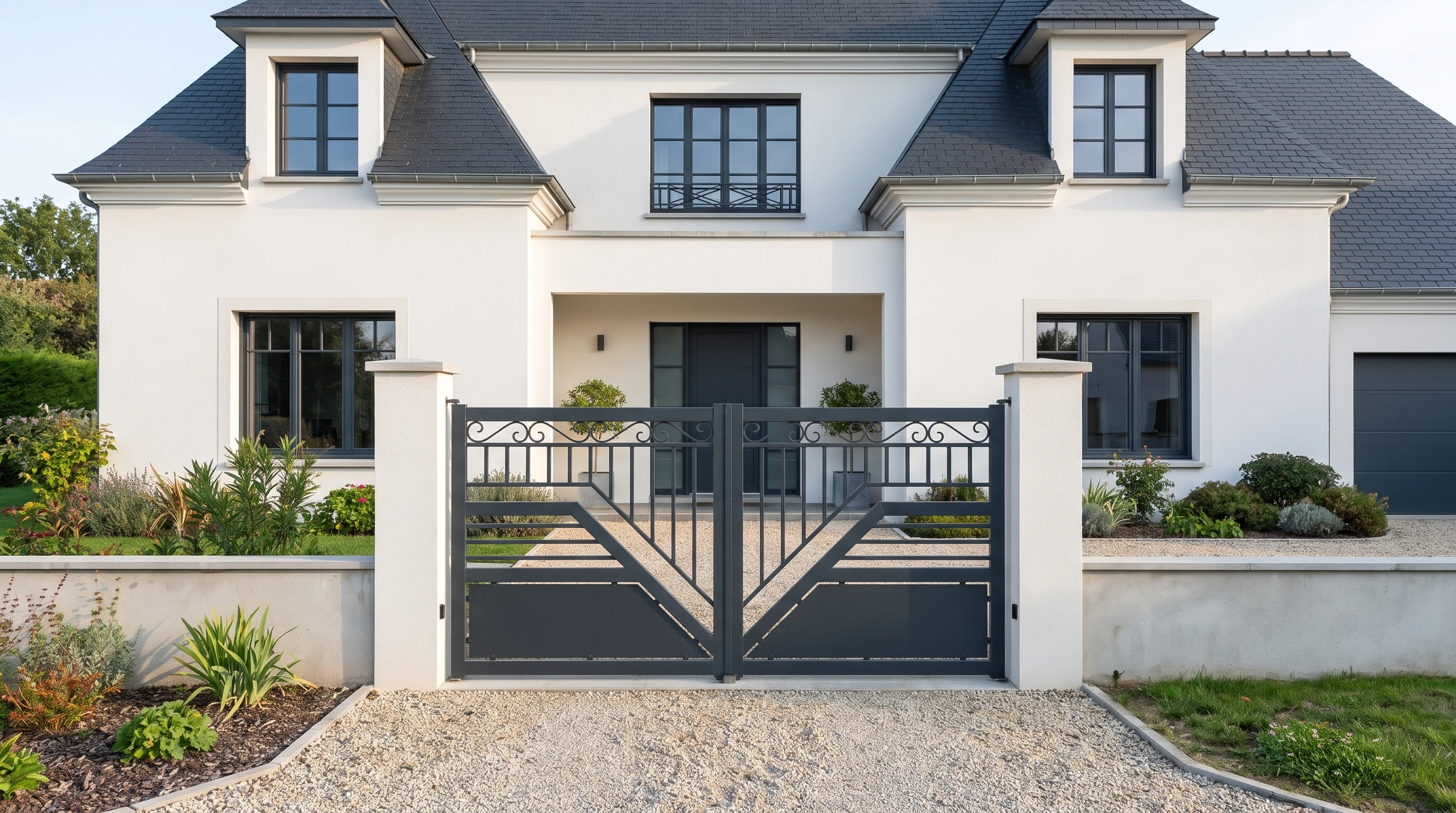 Entrée résidentielle moderne avec portail coulissant anthracite ouvert sur allée gravillonnée menant à garage contemporain