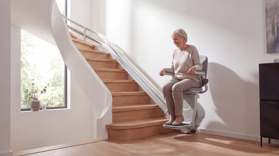 Intérieur résidentiel avec escalier en bois et monte-escalier électrique installé le long de la rampe