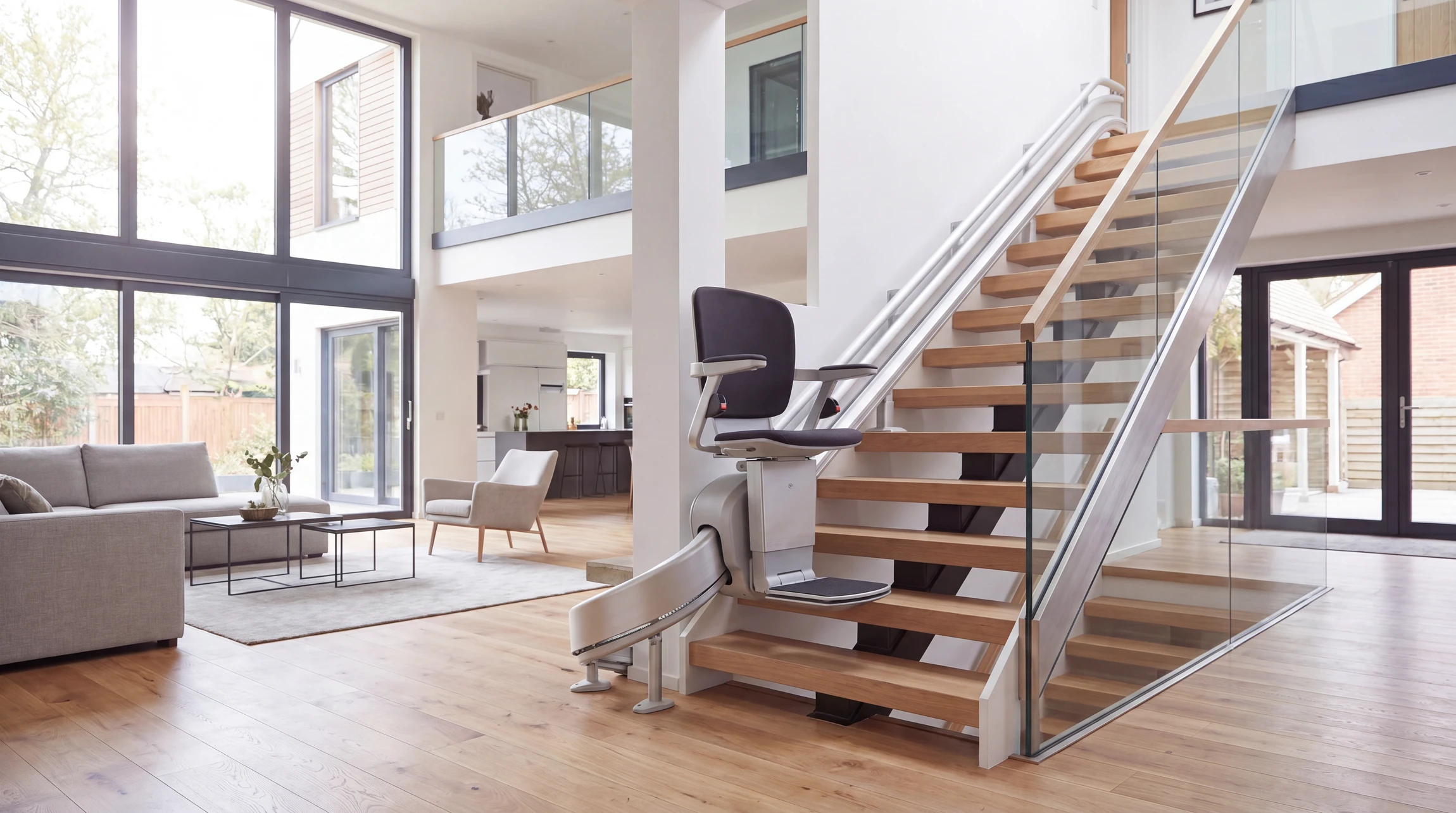 Intérieur résidentiel moderne avec monte-escalier courbe installé le long d'un escalier en bois clair