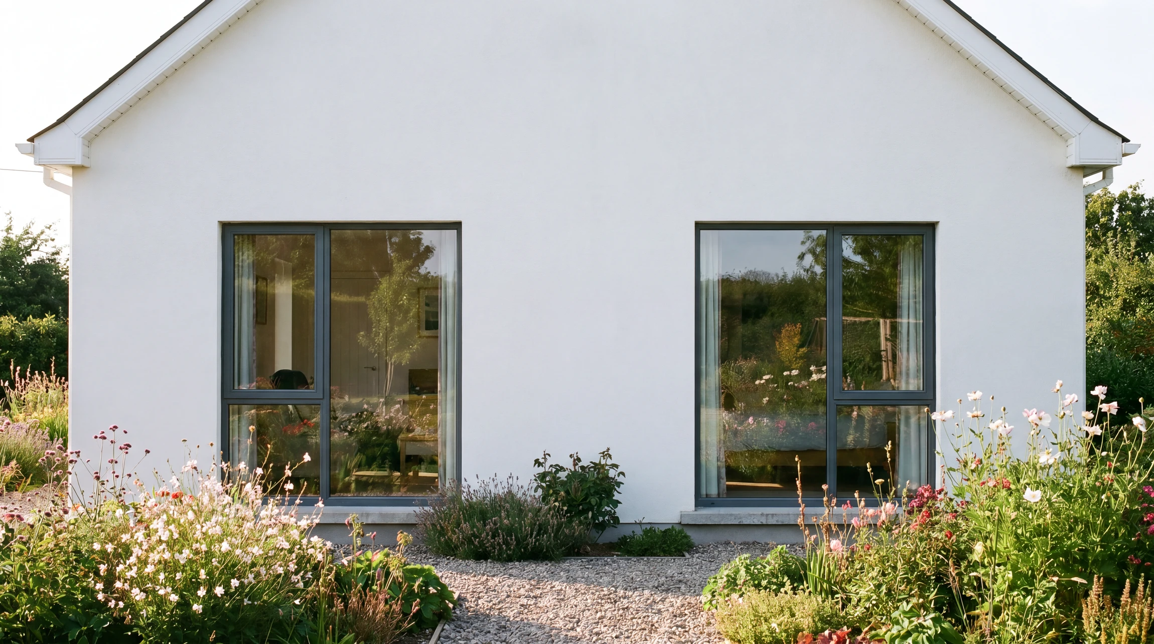 Photographie en extérieur d'une façade résidentielle moderne montrant un artisan menuisier en train d'installer professionnellement une fenêtre aluminium dans l'encadrement d'une maison. L'image met l'accent sur la qualité et la précision du travail : la fenêtre à double vitrage est partiellement en place, l'artisan utilise les outils appropriés, l'encadrement en maçonnerie est visible, et le cadre aluminium brille sous la lumière naturelle. La scène est claire, lumineuse et montre un environnement résidentiel premium, traduisant l'expertise technique et le professionnalisme de l'entreprise. Pas de texte ni logo visible.
