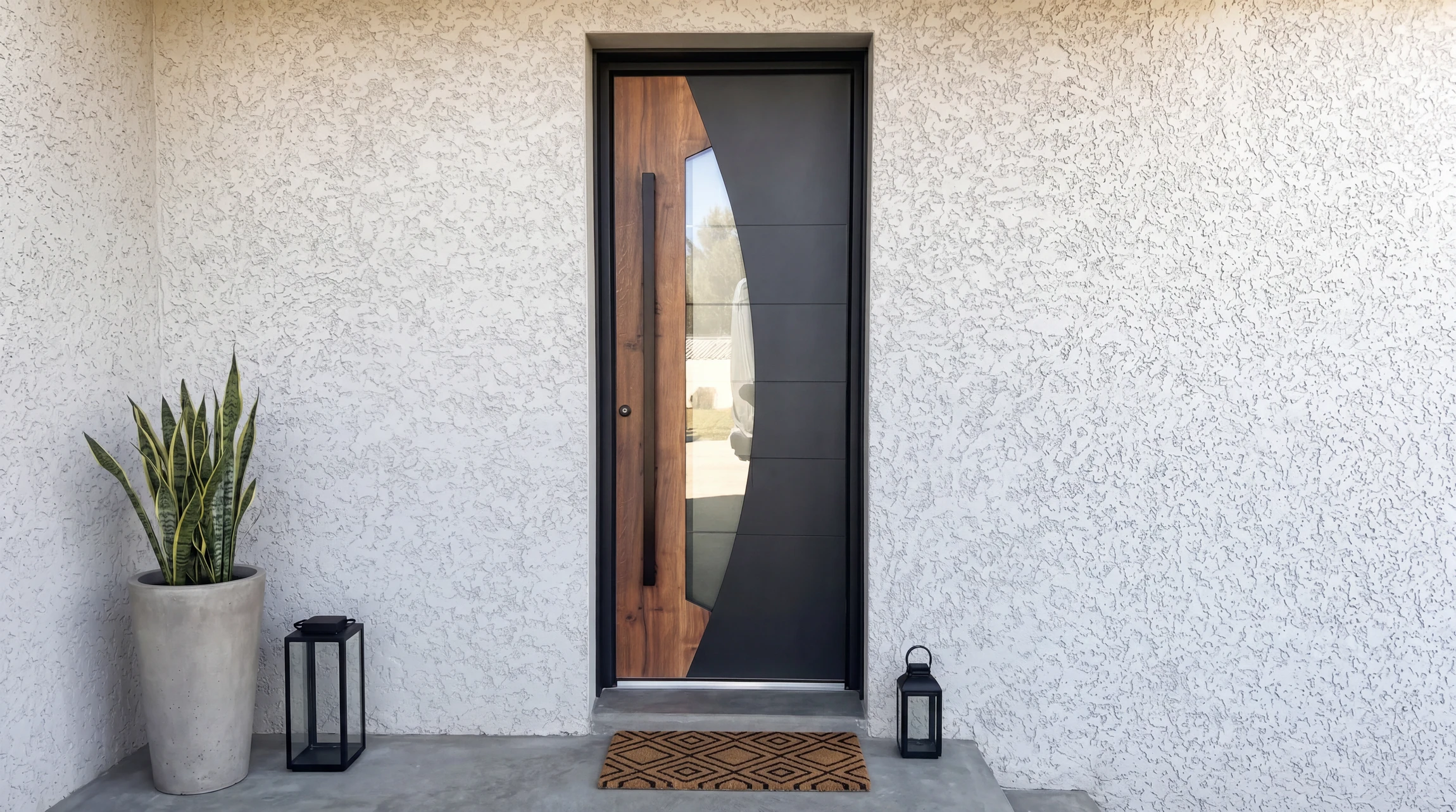 Photographie professionnelle d'une maison résidentielle moderne montrant clairement en façade des fenêtres et une porte d'entrée en aluminium ou PVC de qualité premium, en gros plan suffisant pour bien distinguer les détails de la menuiserie. La porte et les fenêtres doivent être le point focal principal de l'image. Conditions d'éclairage naturel optimal en journée, cadre résidentiel soigné reflétant le professionnalisme et l'expertise d'un menuisier haut de gamme.